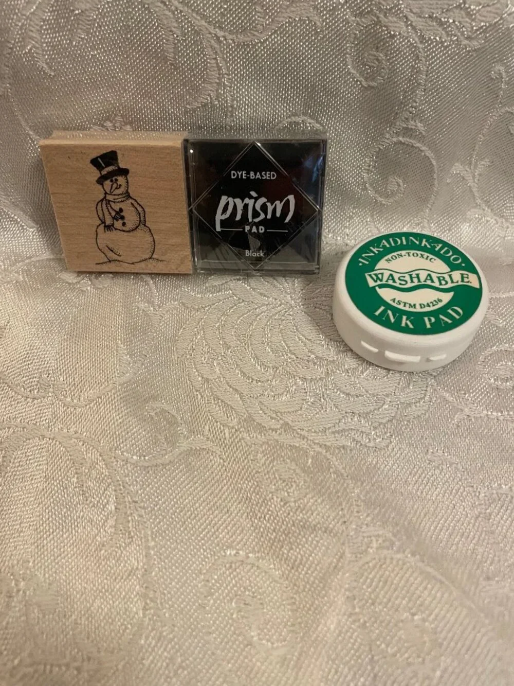 1996 Rubber Stampede Snowman Stamp with Wood Top and Black Prism Ink Pad Set New